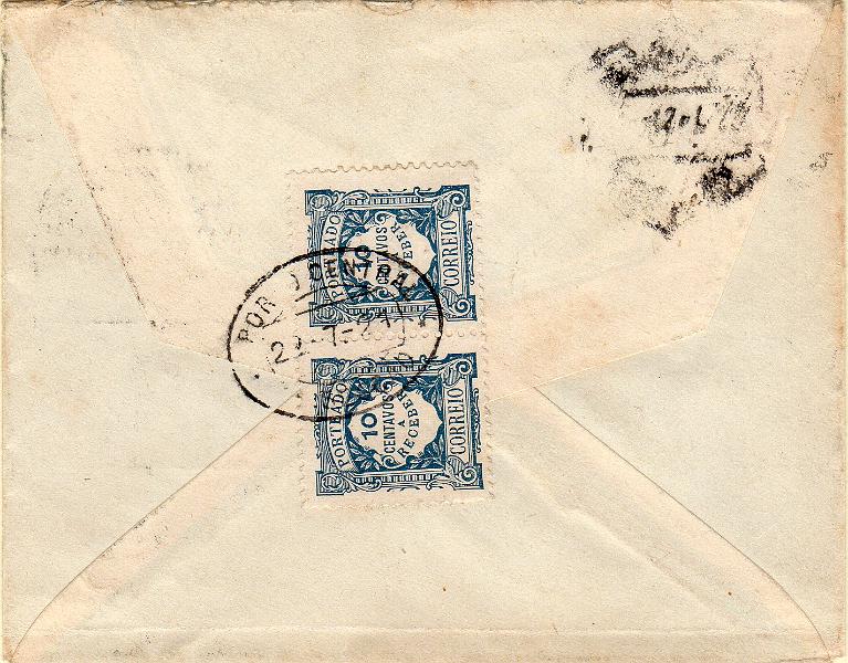 0044 v.jpg -     Lote:    44 (verso)      J. M. Castanheira da Silveira             Descrição:         1915 &mdash; Porteado. Emissão regular. Valor em centavos. Sobrescrito circulado de Moncorvo (20.07.21) para o Porto (21.07.21) sem franquia. Porteado no dobro do porte em falta com dois selos de 10c CE POR27.        Carta       Valor Base:     &euro; 20,00     Valor Venda:     &euro;      